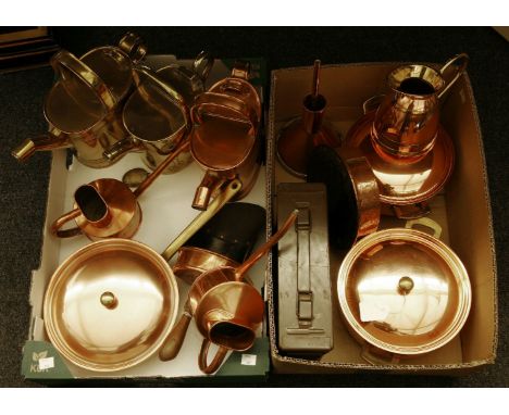 A quantity of copper and brassware, including saucepans, three hot water carriers, a tin of money, spittoon, and ammunition b
