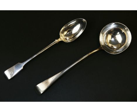 An Old English pattern silver soup ladle, by G. A., London 1876, 9oz., and, a silver fiddle pattern basting spoon, by William