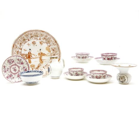 Four 18th century Chinese tea bowls and saucers, decorated in pink and purples with floral sprays, together with a further ma