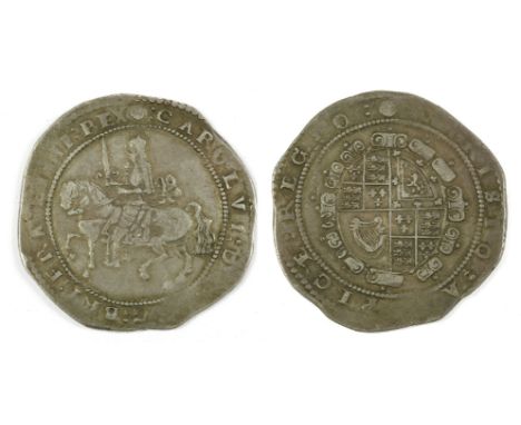 Great Britain, Charles I (1625-1649), Silver Crown, Exeter mint (1643-1646), king on horseback left with upright sword, sash 