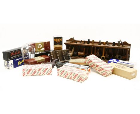 Pipe rack and pipes, large selection of pipes in boxes with a few empty spare boxes