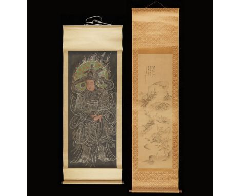 Group of two hanging scroll paintings. Includes one Japanese painting depicting Bishamonten, one of ten Deva guardians, on a 