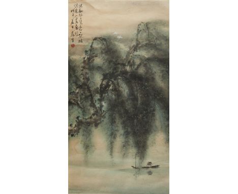 Leisheng Huang/ Lui-Sang Wong (Chinese, 1928-2011). Hanging scroll painting depicting a landscape with a fisherman and willow