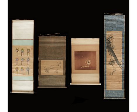 Group of four early scroll paintings, including Japanese Edo period scrolls and Chinese Qing dynasty scrolls. With subject ma