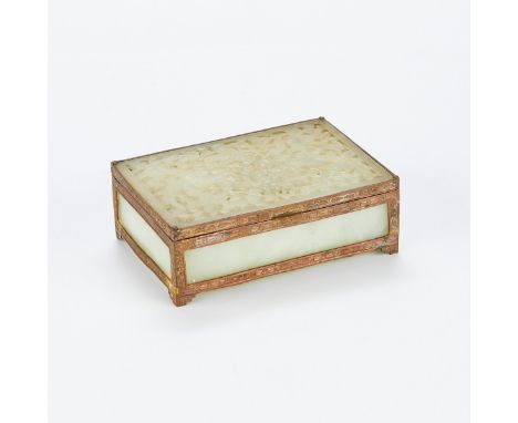 One antique Chinese box with a delicately pierced and carved jade lid depicting birds and floral motifs. With brass fittings,