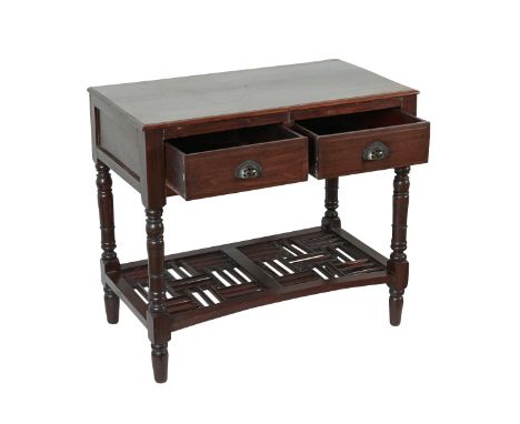 Chinese export rosewood writing desk, with two drawers under a rectangular top, resting on turned legs. The lower shelf with 