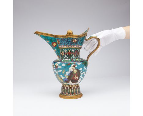 Chinese cloisonne monk's cap ewer, ca. 19th-20th c. Decorated with scenes of immortals among clouds, bounded by elaborate flo