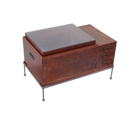 Japanese wooden hibachi with three drawers. The central basin has been fitted with a mirror and glass top, and the hibachi re