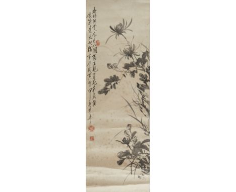 Early 20th c. Chinese hanging scroll painting depicting a group of chrysanthemums, ink on paper. With an inscription and seal