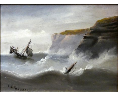E. K. Redmore (1860-1941), ship being blown onto the rocks, signed lower left hand corner, oil on board, 22 x 29 cm, gilt fra