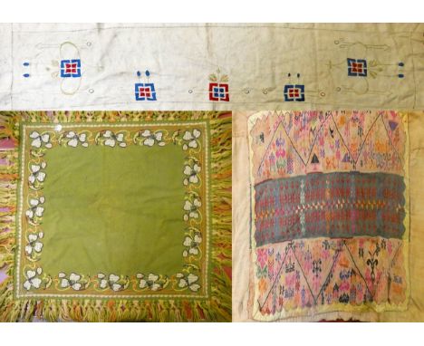An Art Nouveau fabric panel, with embroidered motif, 31 x 131 cm, a Victorian sampler mounted on a pillow case and an Arts &a