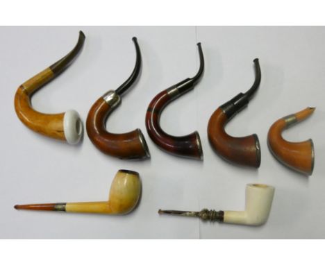 An Edwardian Meerschaum pipe in the Sherlock Holmes style with silver mounts, Birmingham 1909, four similar pipes and two oth