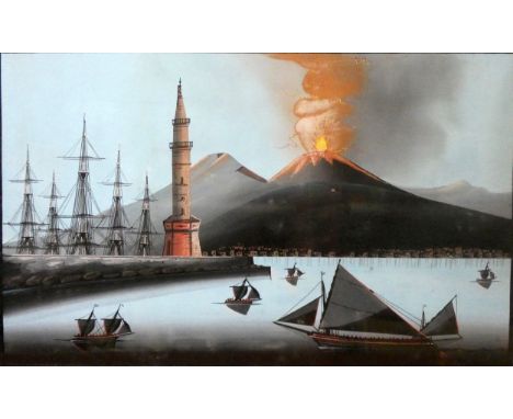 19th century Philippines School, 'Eruption del 1871', unsigned, watercolour and bodycolour, 35 x 56 cm, gilt frame. The image