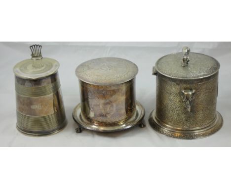 Of Raj interest; a Victorian electroplated biscuit barrel, the hinged cover with tiger surmount, two elephant head hands, all