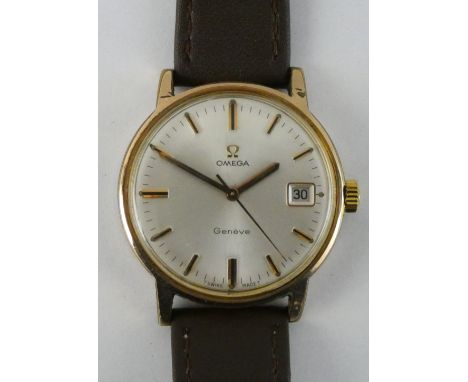 Omega Geneve a gentleman's manual wind date wristwatch, model 136.070, c.1970, silvered dial, gilt hands and baton numerals w