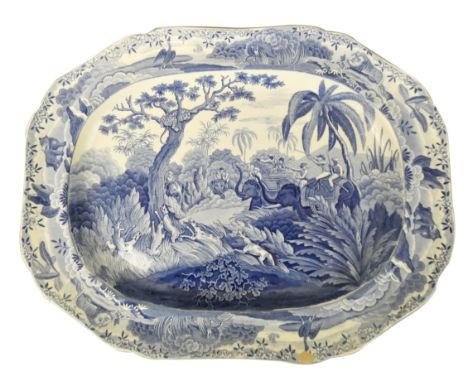 A Spode Pearlware Indian Sporting Series Pattern Platter, circa 1820, printed in underglaze blue with the SHOOTING A LEOPARD 