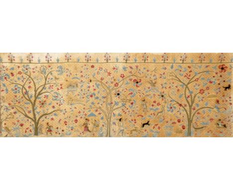 An early 18th century crewelwork panel, composed of three Trees of Life, each with various people, animals birds and floral m