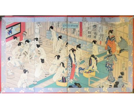 A Japanese four fold woodblock panel, signed, depicting a wash room with naked ladies, 21 x 43 cm.