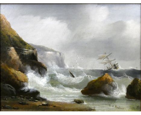 E. K. Redmore (1860-1941), ship being blown onto the rocks, signed lower right hand corner, oil on board, 22 x 29 cm, gilt fr