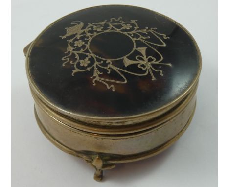A silver and tortoiseshell trinket box, Birmingham 1911, the hinged cover with pique decoration, raised on three pad feet, di