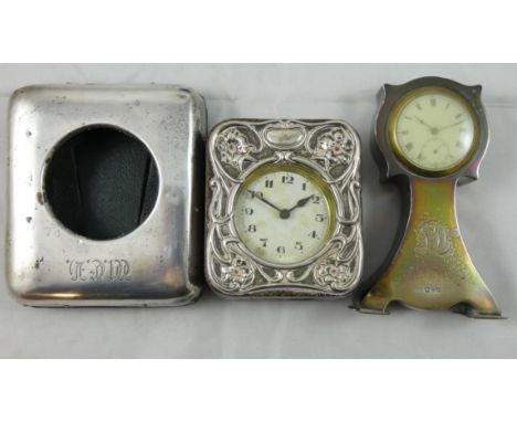 An Edwardian silver boudoir clock, Chester 1907, of pedestal form, initialled, an Edwardian silver mounted boudoir clock, Bir