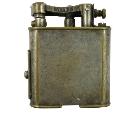 Dunhill, a silver plated lifting arm pipe/cigarette lighter, pat no 390107, with slide to the side raising the lighter flame 