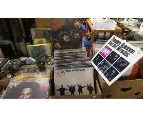 A Box of Approximately 100 LP Records to Include the Beatles, Bob Marley, Status Quo, OMD, David Bowie etc 