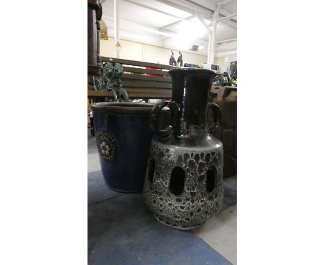 A Blue Glazed Tudor Rose Patio Planter and a Ceramic Lamp Base 
