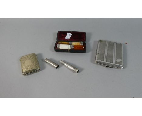 A Silver Plated Engine Turned Cigarette Case, Silver Plated Vesta, Tooth Pick and Silver Mounted Gents and Ladies Cheroot Hol