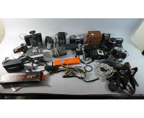 A Collection of Various Vintage Cameras, Telescopic Lens, Battery Pack, Flash Guns etc 