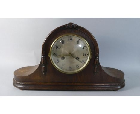 An Edwardian Oak Cased Napoleon Hat Mantle Clock with Moulded Decoration, Complete with Pendulum and Key, 51cm Wide 
