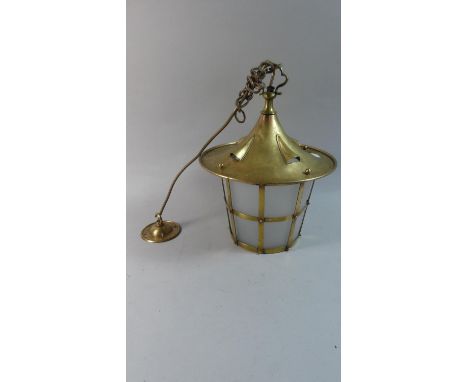 A Mid 20th Century Brass Circular Hall Lantern with Opaque Glass Shade, 31cm High 