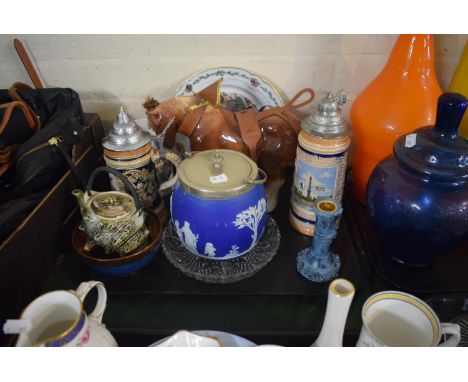 A Tray Containing Jasperware Biscuit Barrel, Two Lager Steins, Majolica Shell Teapot etc