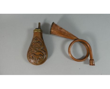 A 19th Century Copper Shot Flask Decorated In Relief with Gun Dogs and Birds Together with a Small Copper Hunting Horn 