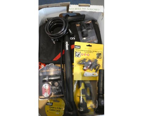 A Box Containing Various New Cycling Accessories to Including Light Sets, Bicycle Pumps, Locks etc (Plus VAT) 