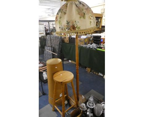 A Pine Circular Topped Kitchen Bar Stool, Lamp Shade and Standard Lamp 