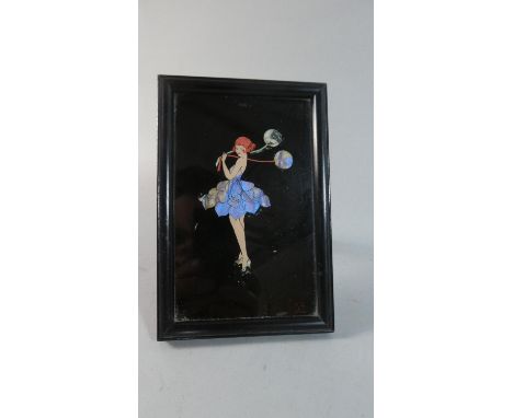 An Art Deco Butterfly Wing Framed Easel Back Picture Depicting a Lady with Balloons, Signed Bottom Right H K R? London, 10cm 