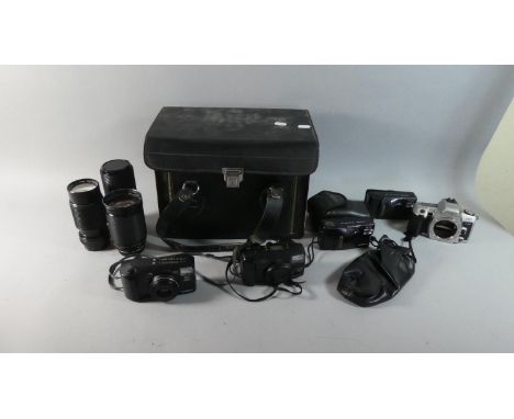 A Box Containing Various Vintage Cameras, Telescopic Lenses, Camera Case etc 