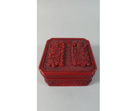 A Vintage Chinese Cinnabar Style Lidded Soap Box from The Peninsula Hong Kong Decorated with Immortals, 9cm wide and 5cm high