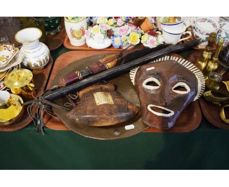 A Papier Mache Ethnic Mask, Hand Beaten Copper Plaque, Various Hunting Knives and Fly Whisps etc 