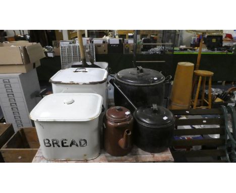 A Collection of Various Enamelled Bread Bins, Cooking Pots, Teapot Etc 