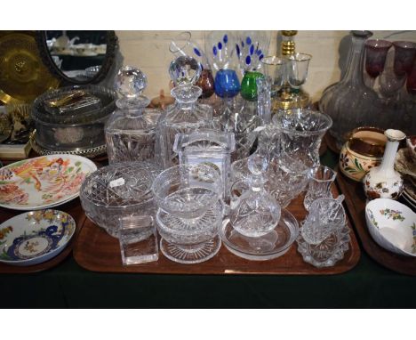 A Tray of 20th Century Cut and Moulded Glassware to Include Two Spirit Decanters, Rose Bowl, Mantle Clock 