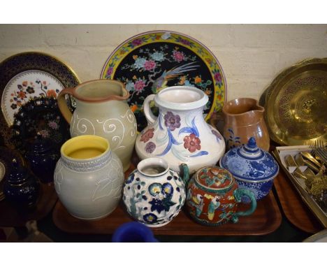 A Tray of Various Jugs, Oriental Teapot and Charger, Blue and White Lidded Pot 