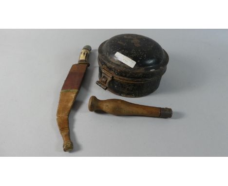 A Vintage Hunting Knife, Wooden Handled Folding Saw and a Vintage Cylindrical Five Division Spice Box, 15cm Diameter 
