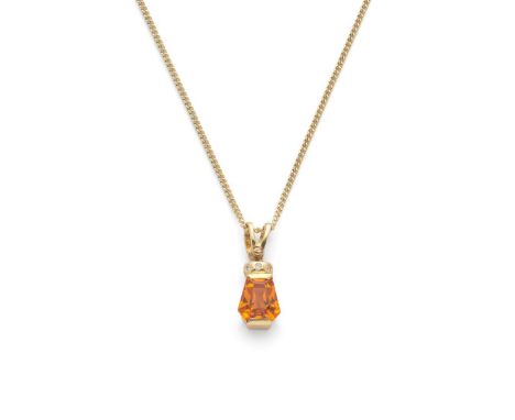  † An orange sapphire and diamond pendant necklace  Claw-set with a trapeze-shaped orange sapphire, three small round brillia