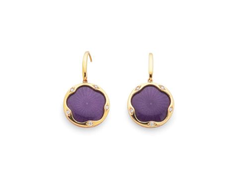  † Victor Mayer: A pair of 'Macaron' earrings  Each with purple guilloché enamel in a border set with round brilliant-cut dia
