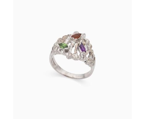  † An 18ct white gold multi-gem dress ring  Of textured design, set with three marquise-cut amethyst, citrine and tourmaline,