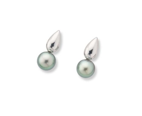  † Schoeffel: A pair of Tahitian pearl earrings  Each suspending a Tahitian pearl from a polished drop-shaped bale, post and 