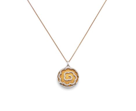  † Victor Mayer: An 'Artemis' pendant necklace  The golden guilloché enamel ground with applied round brilliant-cut diamond s