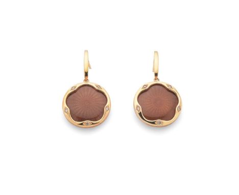  † Victor Mayer: A pair of 'Macaron' earrings  Each with golden-brown guilloché enamel in a border set with round brilliant-c